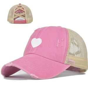 Pink Heart Baseball Hat; Criss Cross Back Heart Hat; Shabby Chic Hat